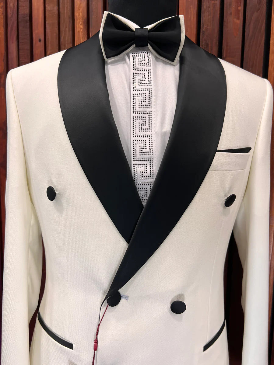 OFF WHITE DOUBLE-BREASTED SLIM-FIT MENS TUXEDO 2 PIECE SHAWL LAPEL